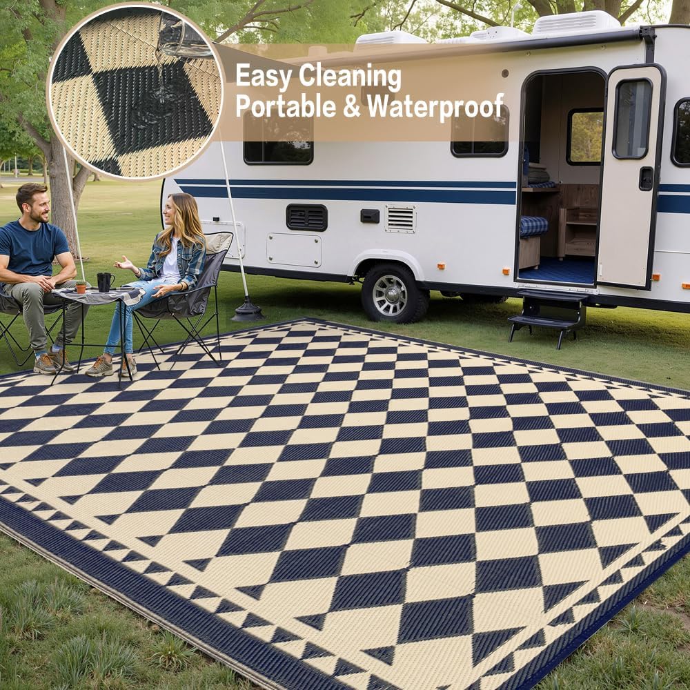 Black Beige Checkered Reversible Outdoor Rug