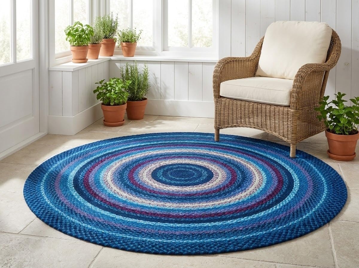 Blue Handwoven Round Braided Soft Accent Rug