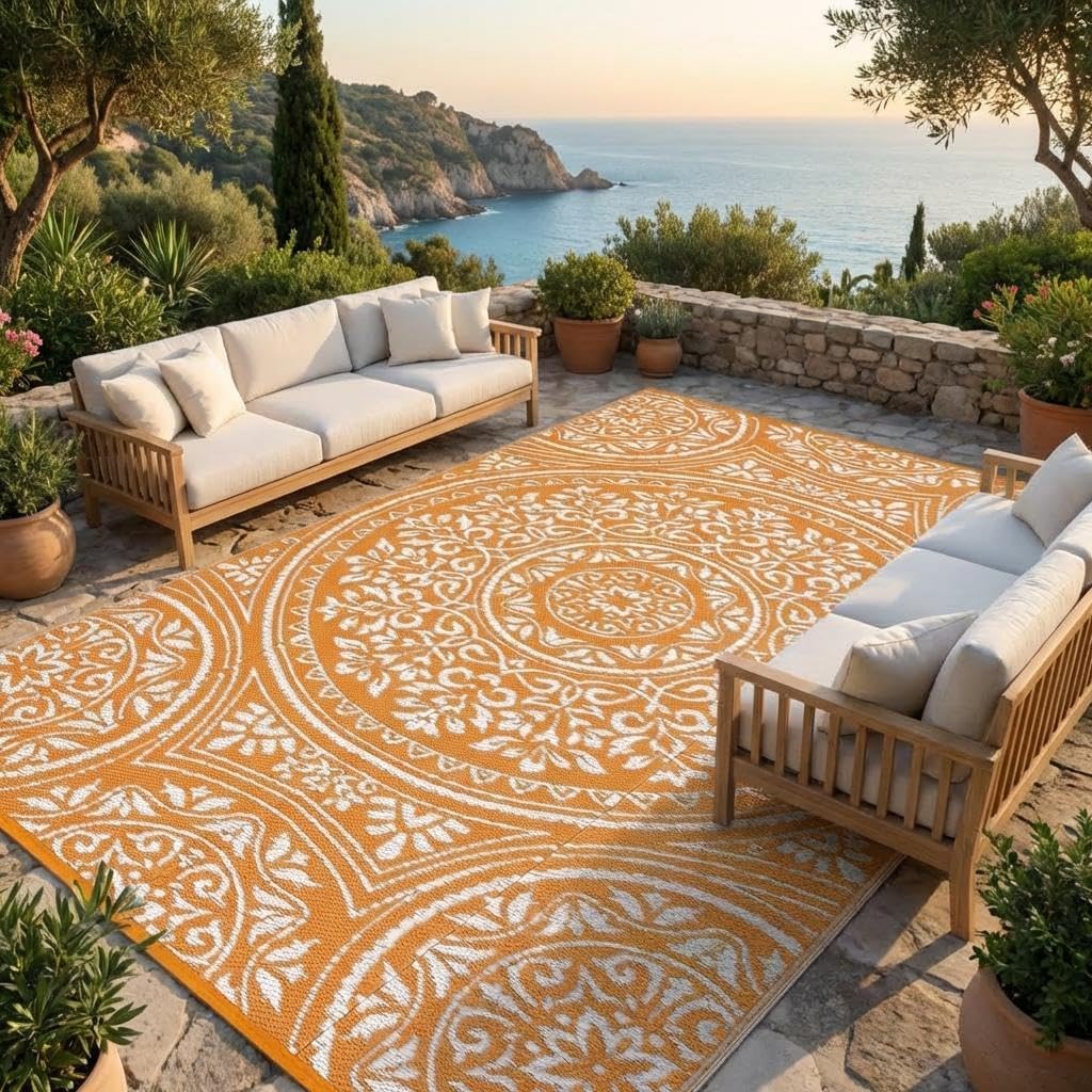 Orange Boho Waterproof Reversible Outdoor Rug