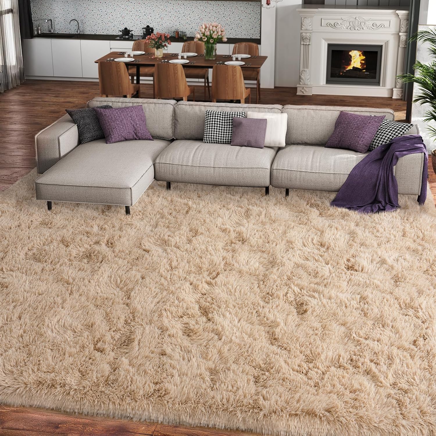 Beige Washable Fluffy Area Rug 8x10
