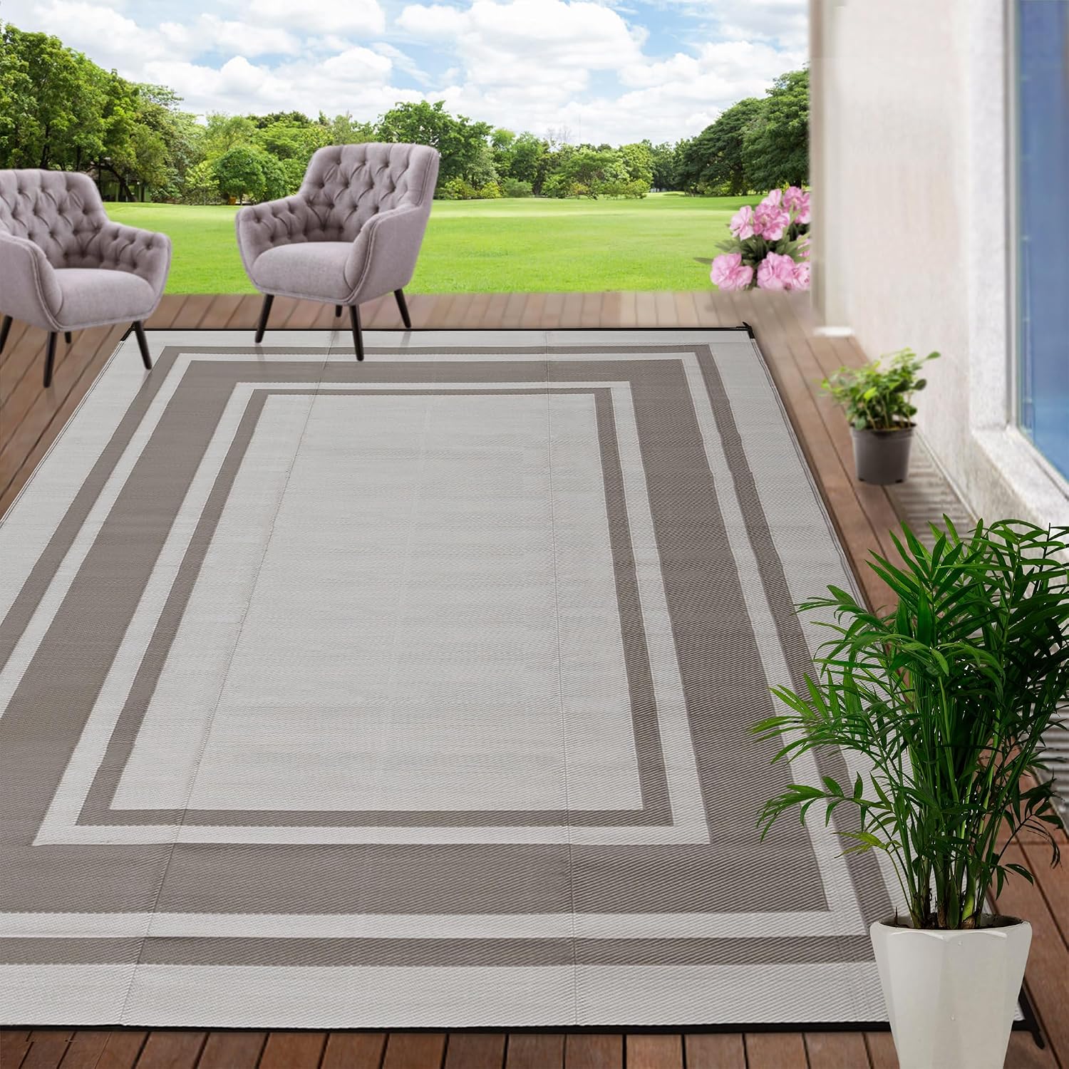 Light Coffee Reversible Waterproof Outdoor Rug