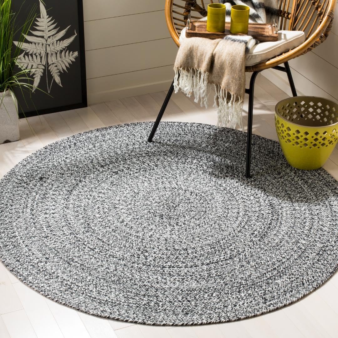 Ivory Black Braided Round Wool Area Rug