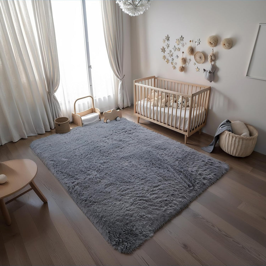 Grey Fluffy Shag Area Rug 5x8