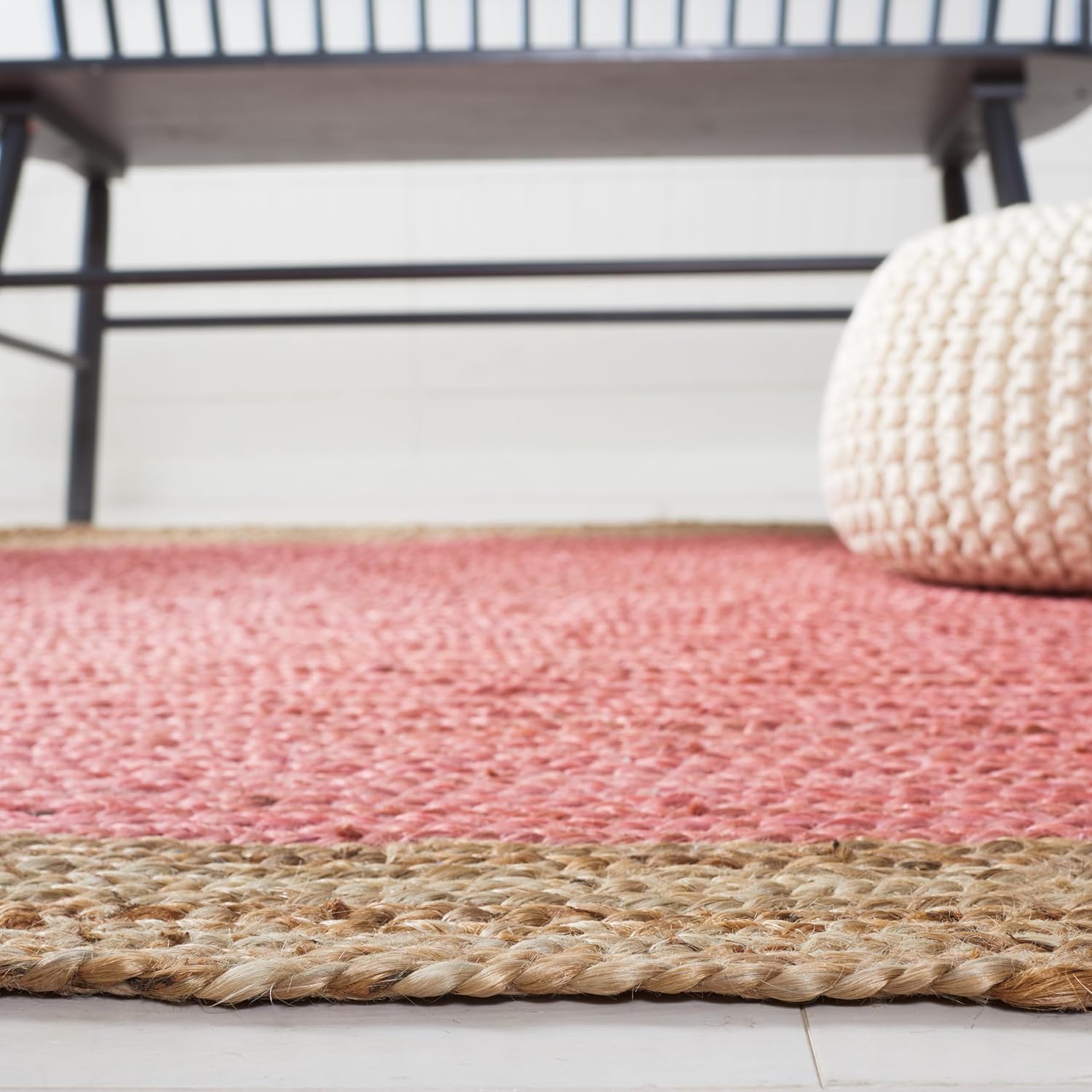 Pink Natural Braided Jute Round Area Rug