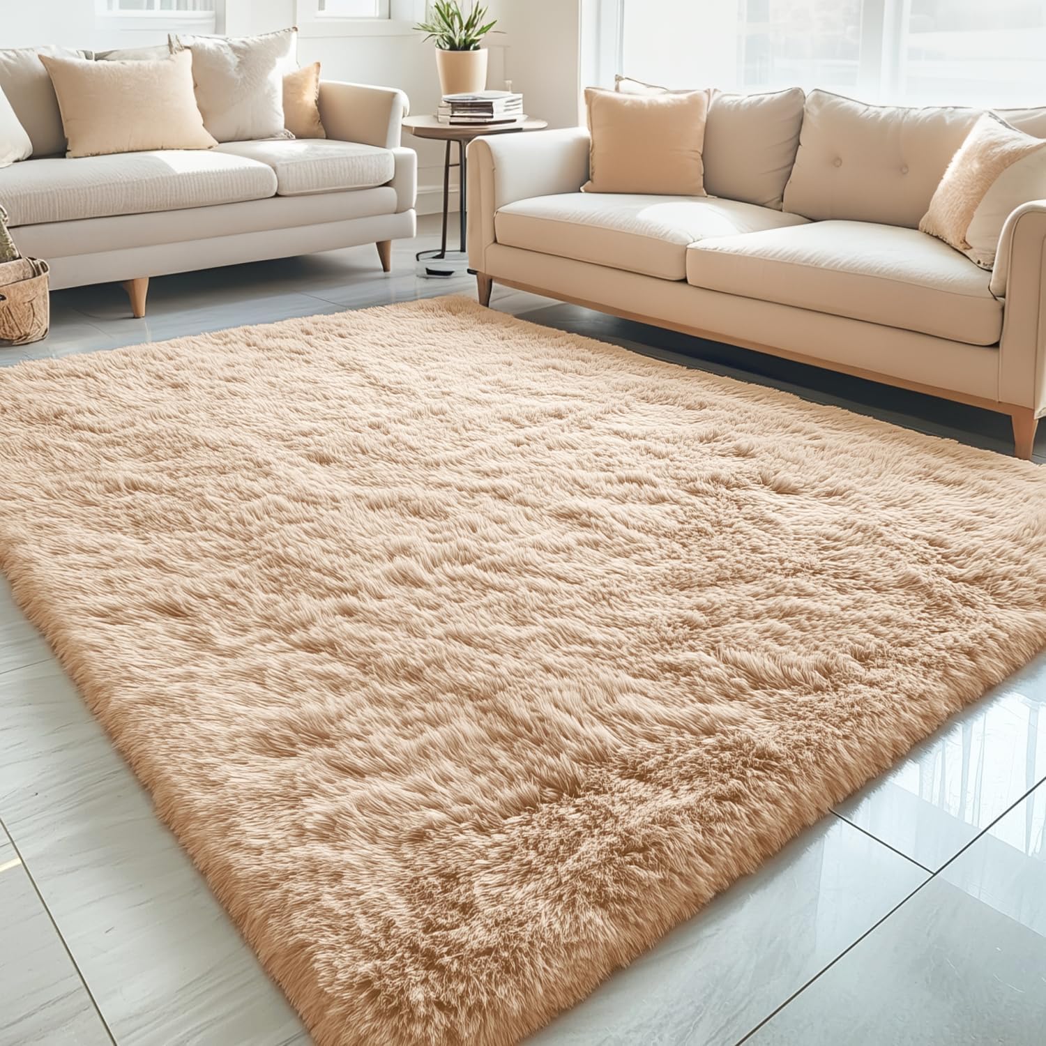 Beige Fluffy Shag Area Rug 5x7