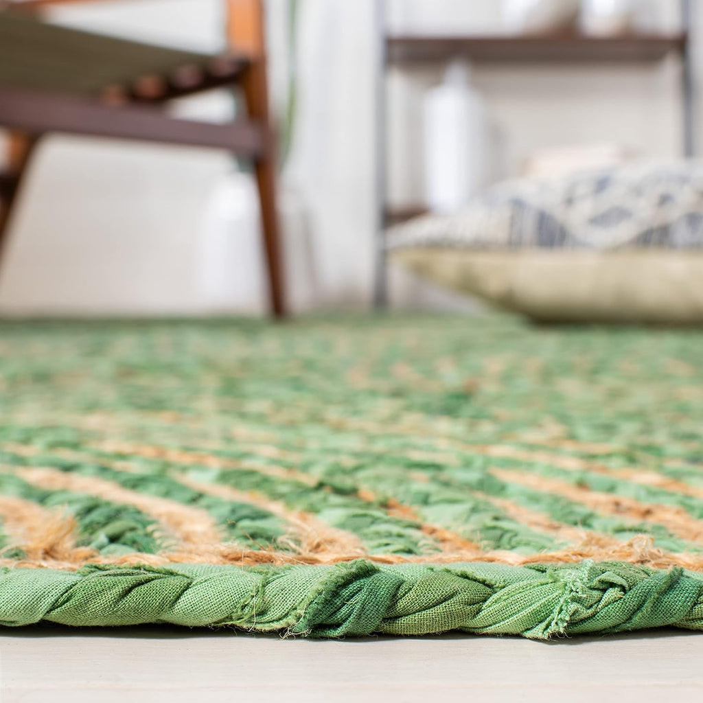 Green Natural Boho Braided Round Jute Rug