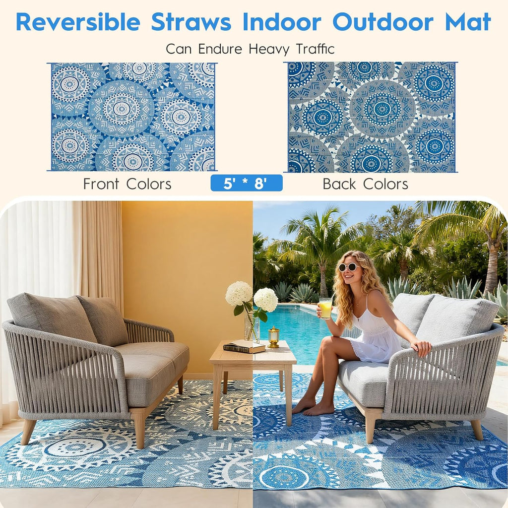 Navy Boho Waterproof Reversible Outdoor Rug