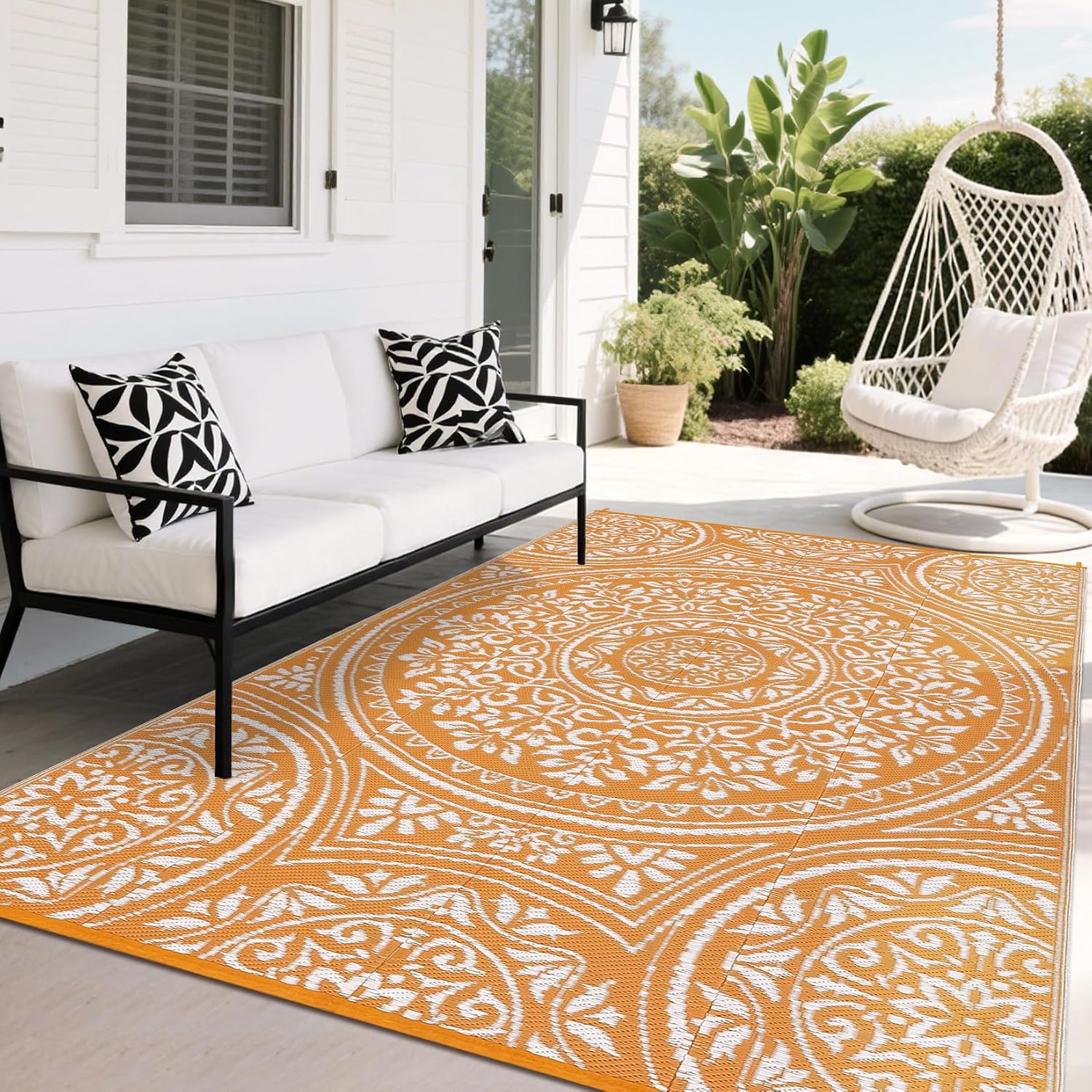 Orange Boho Waterproof Reversible Outdoor Rug