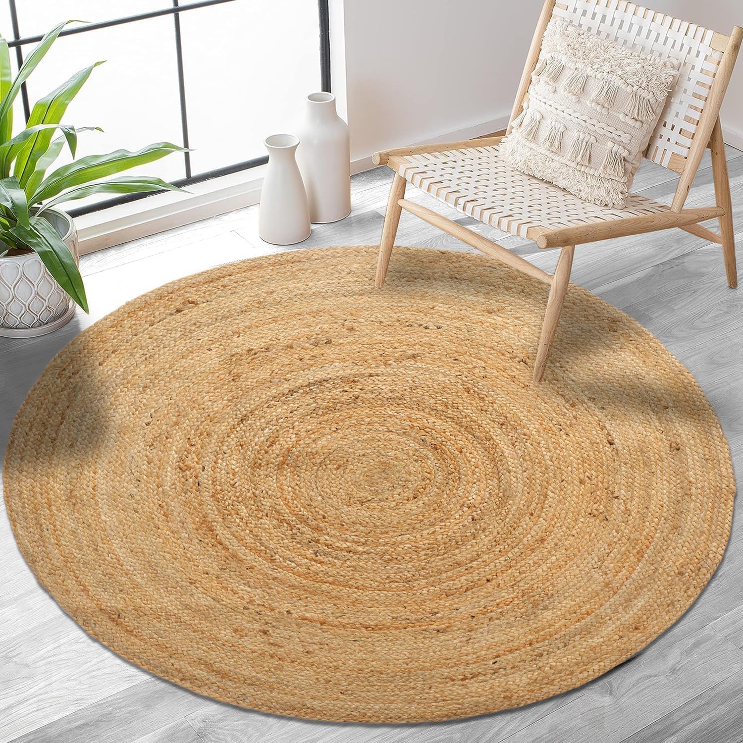Beige Rustic Boho Reversible Jute Round Rug