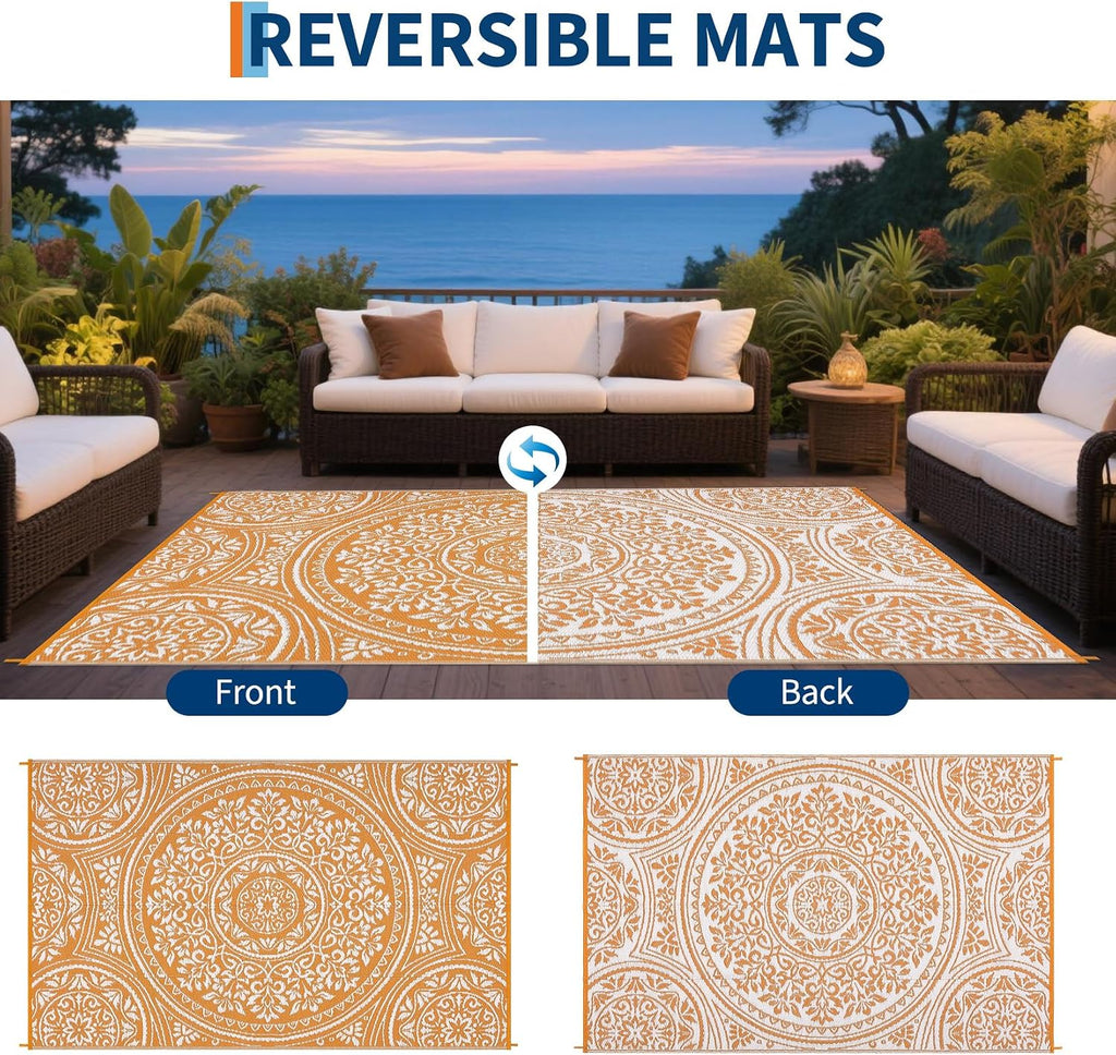 Orange Boho Waterproof Reversible Outdoor Rug
