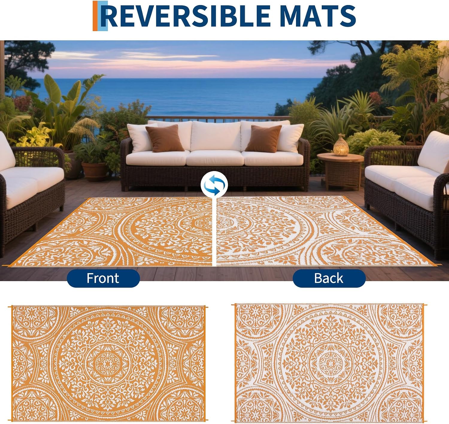 Orange Boho Waterproof Reversible Outdoor Rug