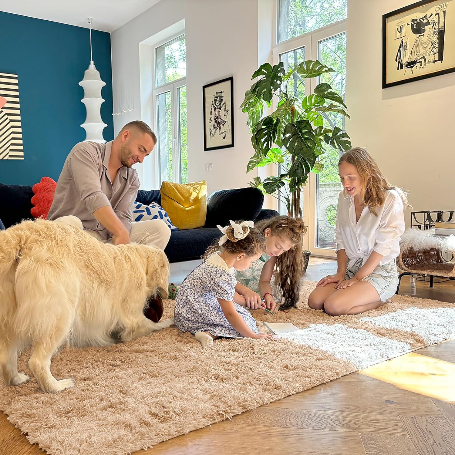Beige Fluffy Shag Area Rug 5x7