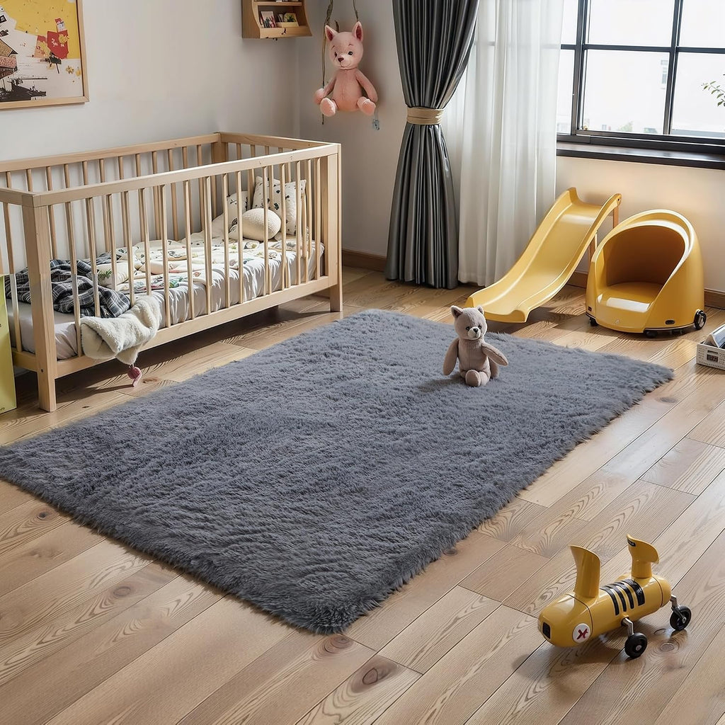 Grey Fluffy Shag Area Rug 5x8