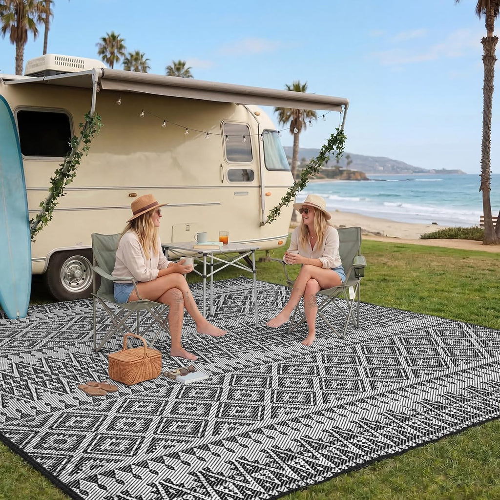 Black White Waterproof Reversible Outdoor Rug