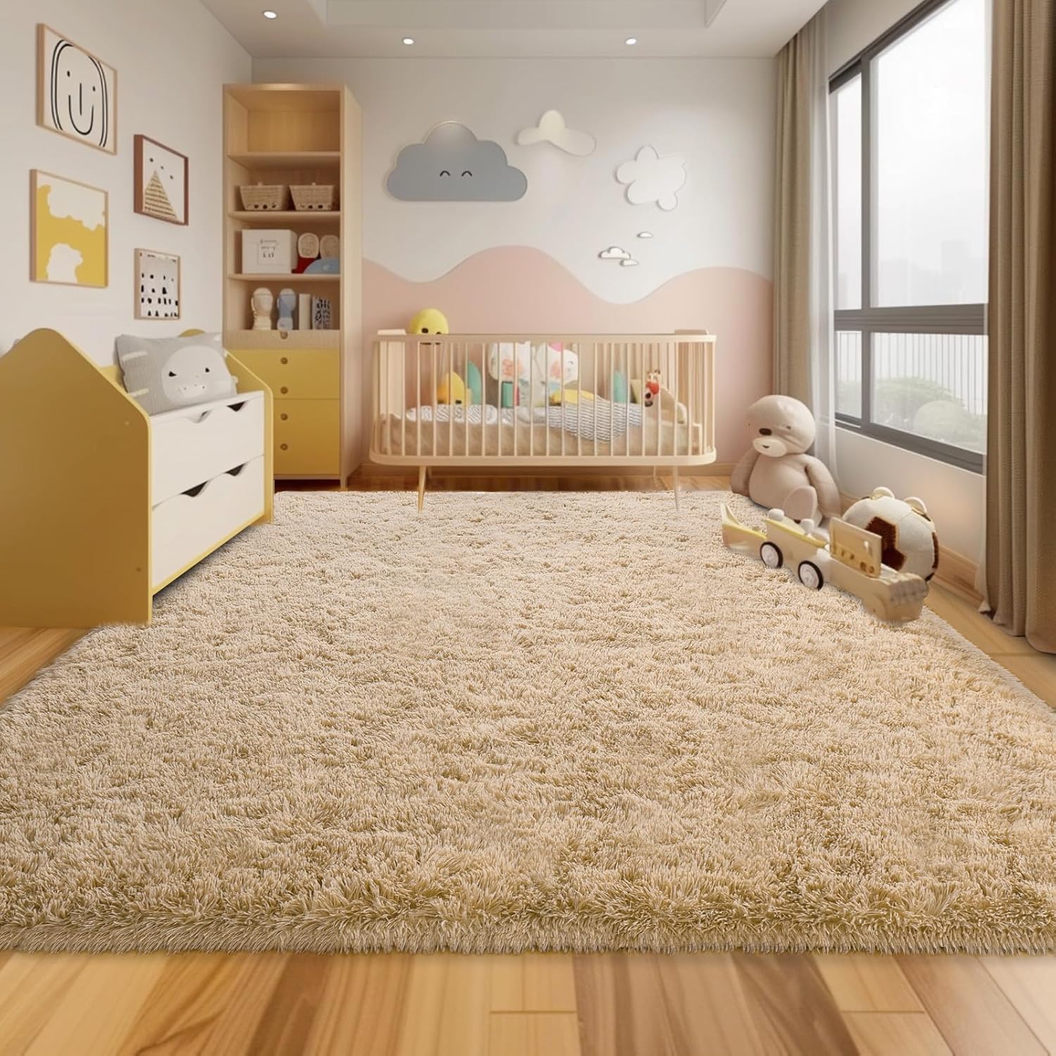 Beige Washable Fluffy Area Rug 8x10