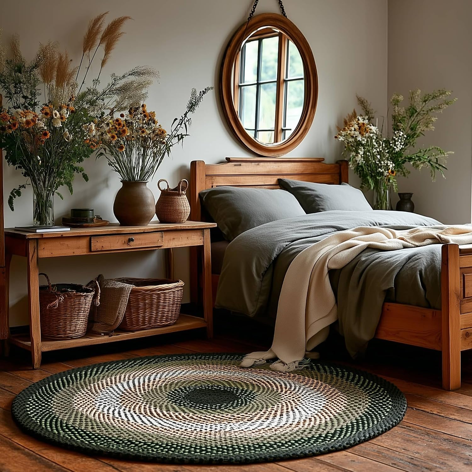 Green Ivory Braided Large Round Area Rug