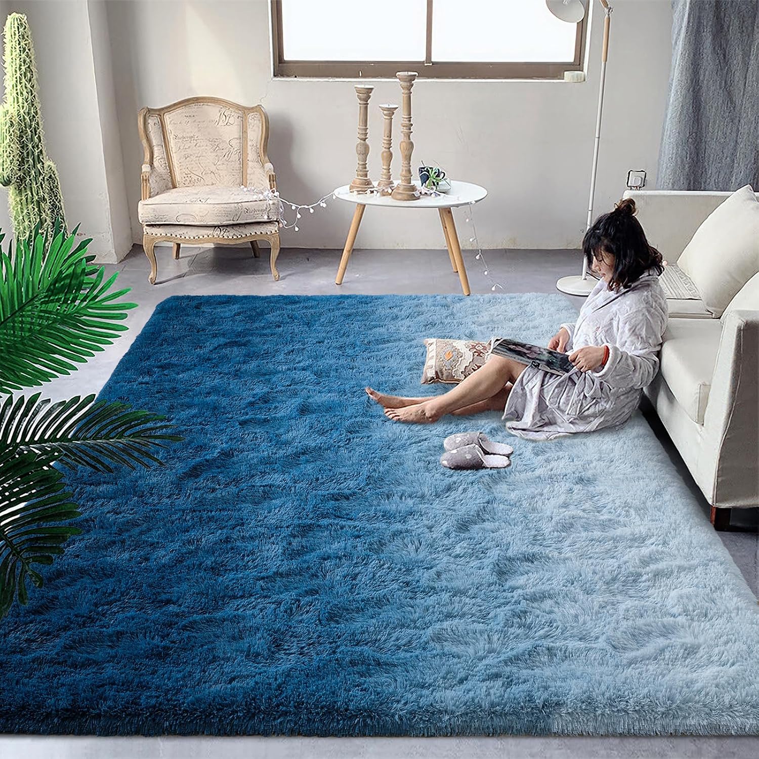 Navy Fluffy Shag Area Rug 4x6