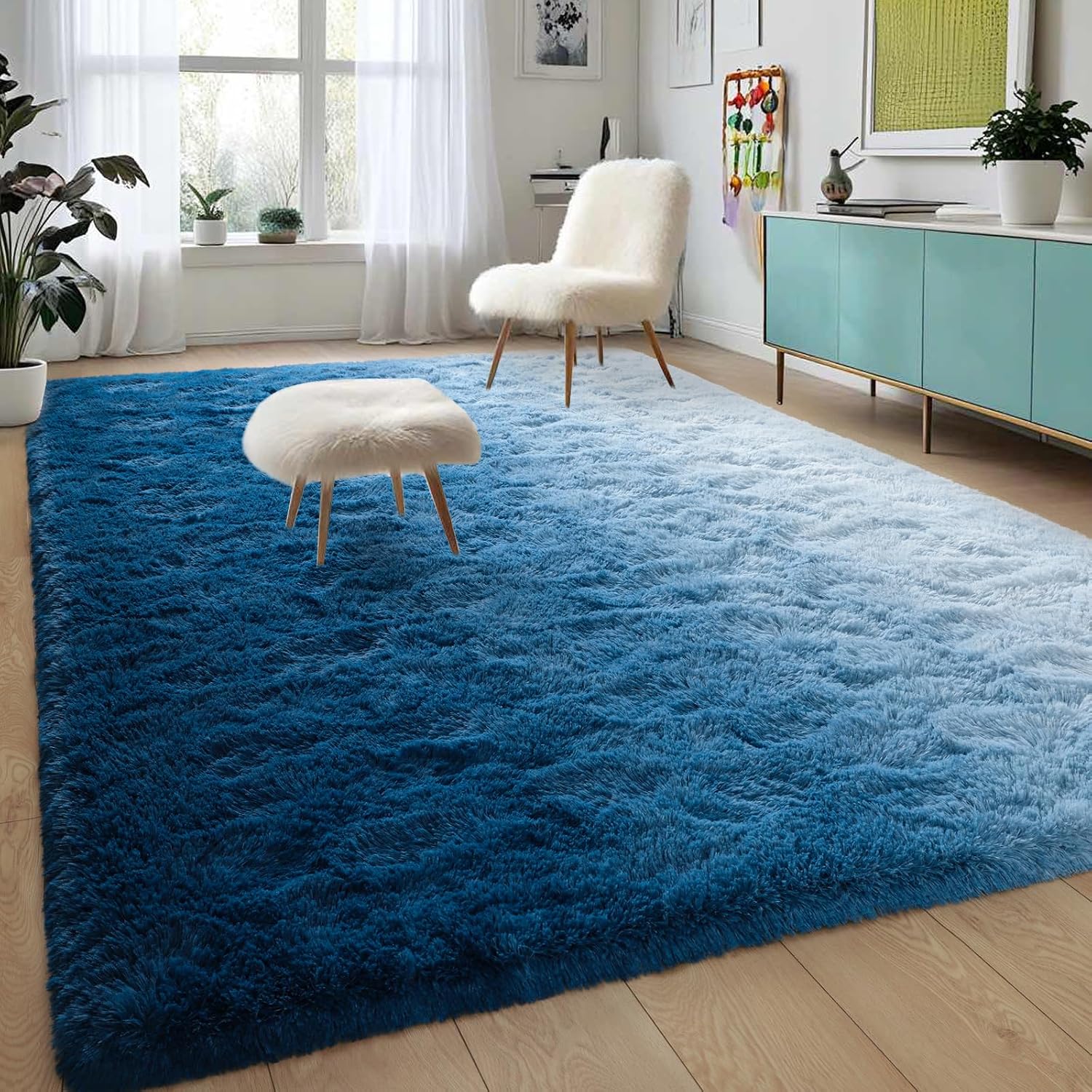 Navy Fluffy Shag Area Rug 4x6