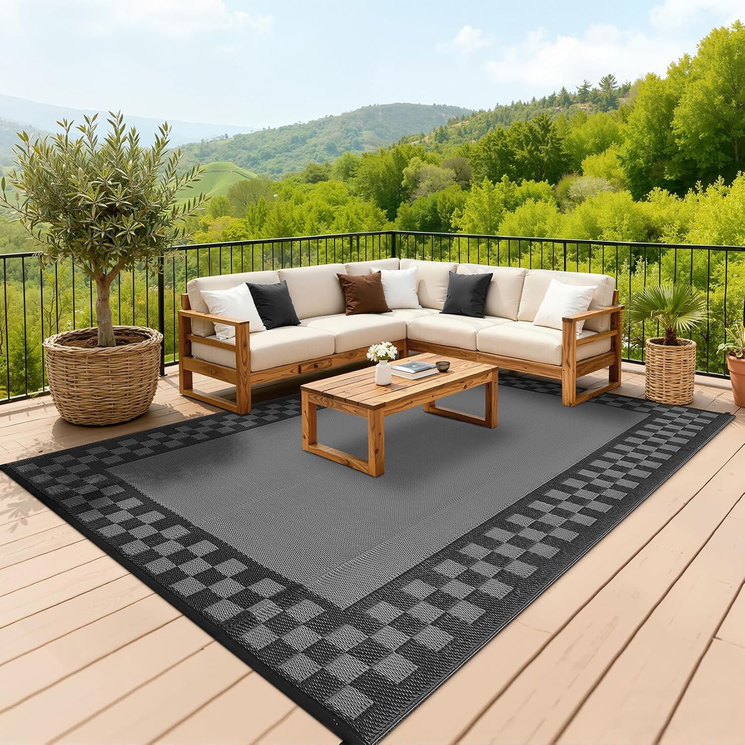 Grey Checkered Waterproof Reversible Outdoor Rug