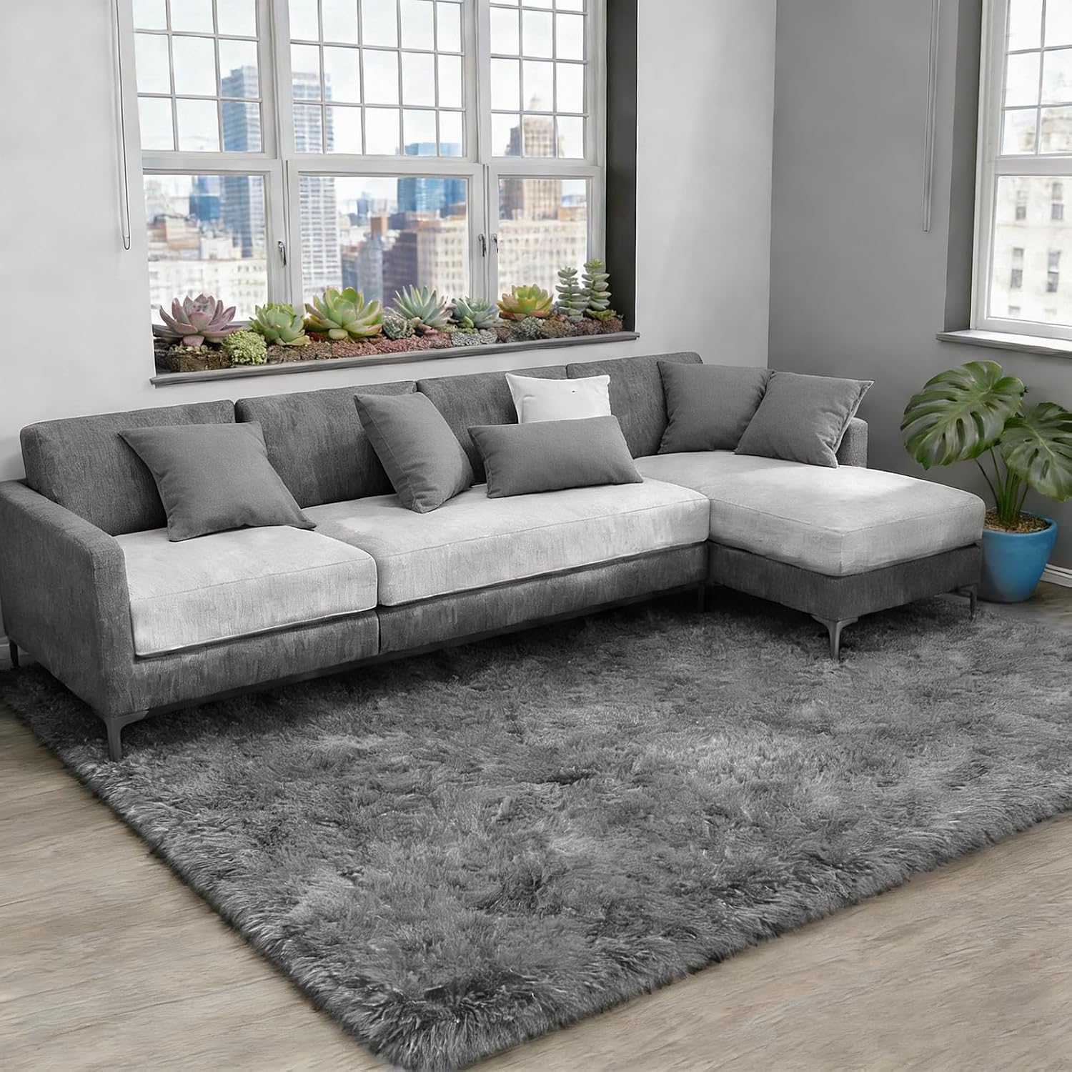 Washable Grey Fluffy Area Rug 5x7 Indoor