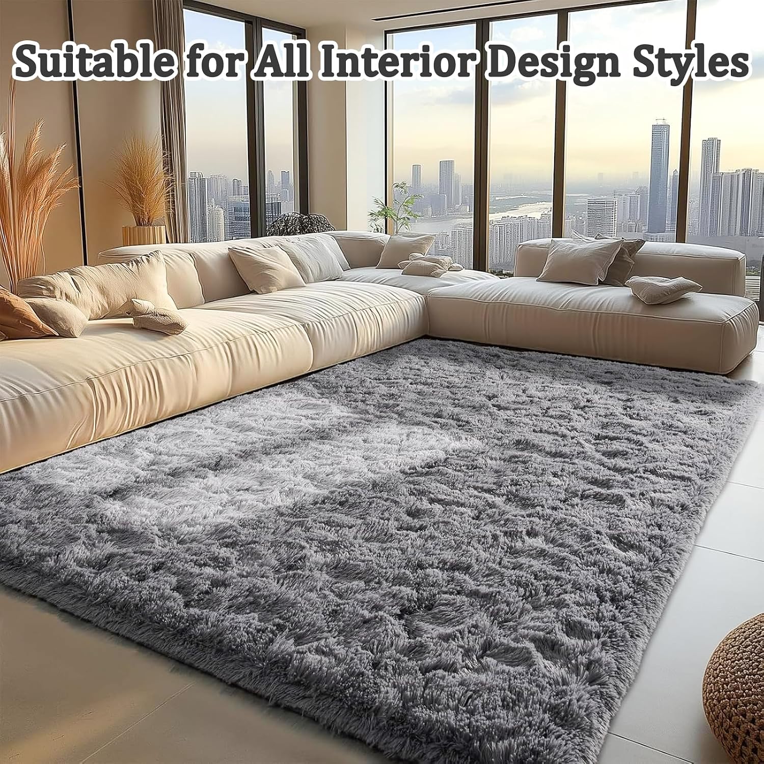 Washable Grey Fluffy Area Rug 5x7 Indoor