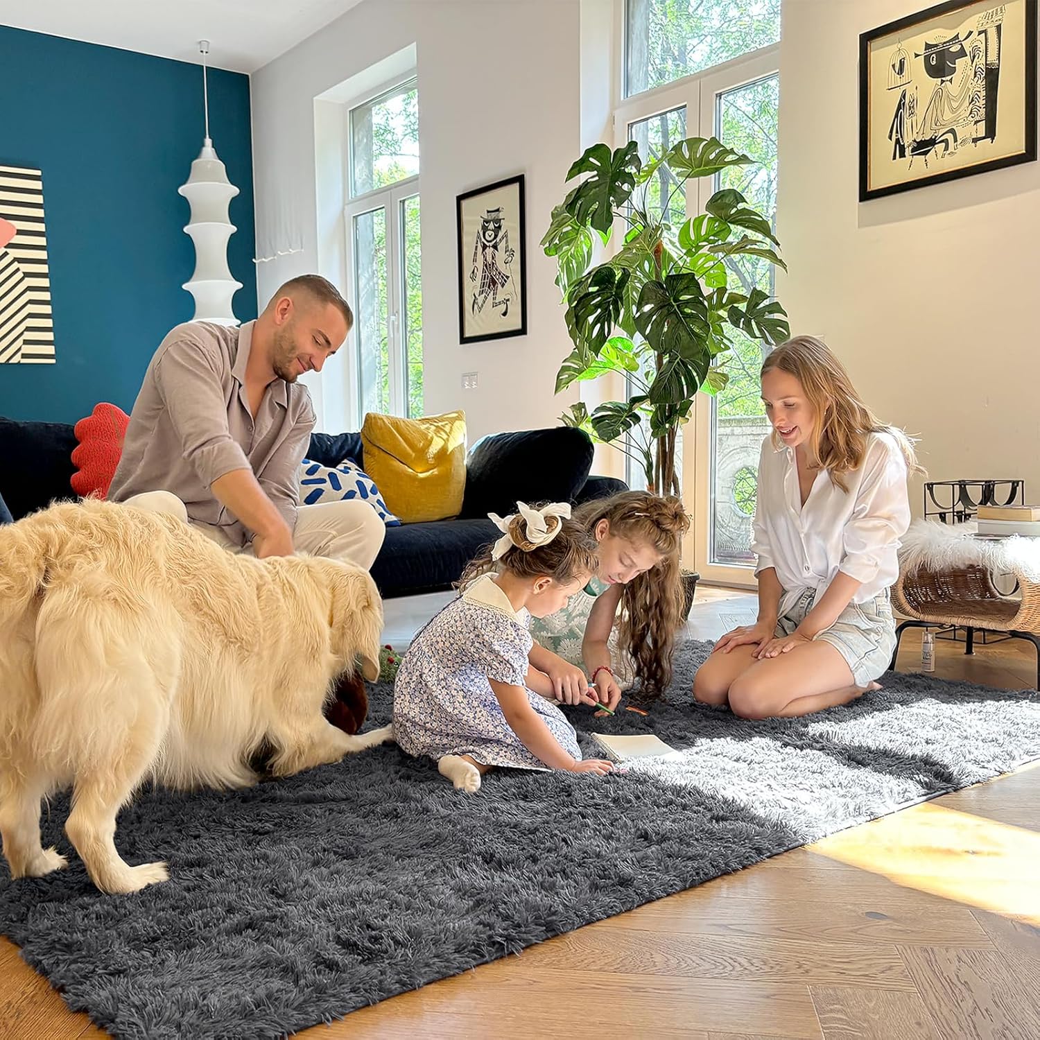 Grey Fluffy Shag Area Rug 5x8