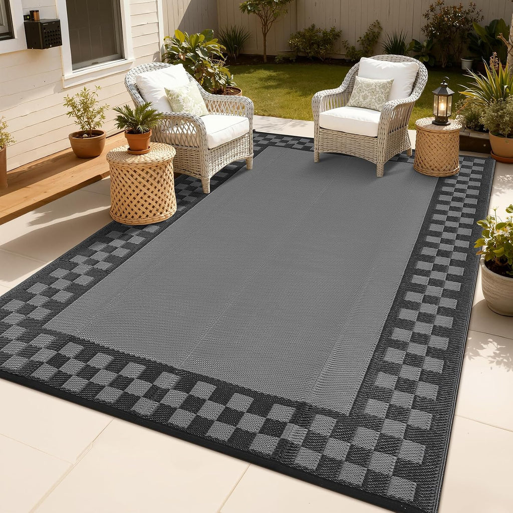 Grey Checkered Waterproof Reversible Outdoor Rug