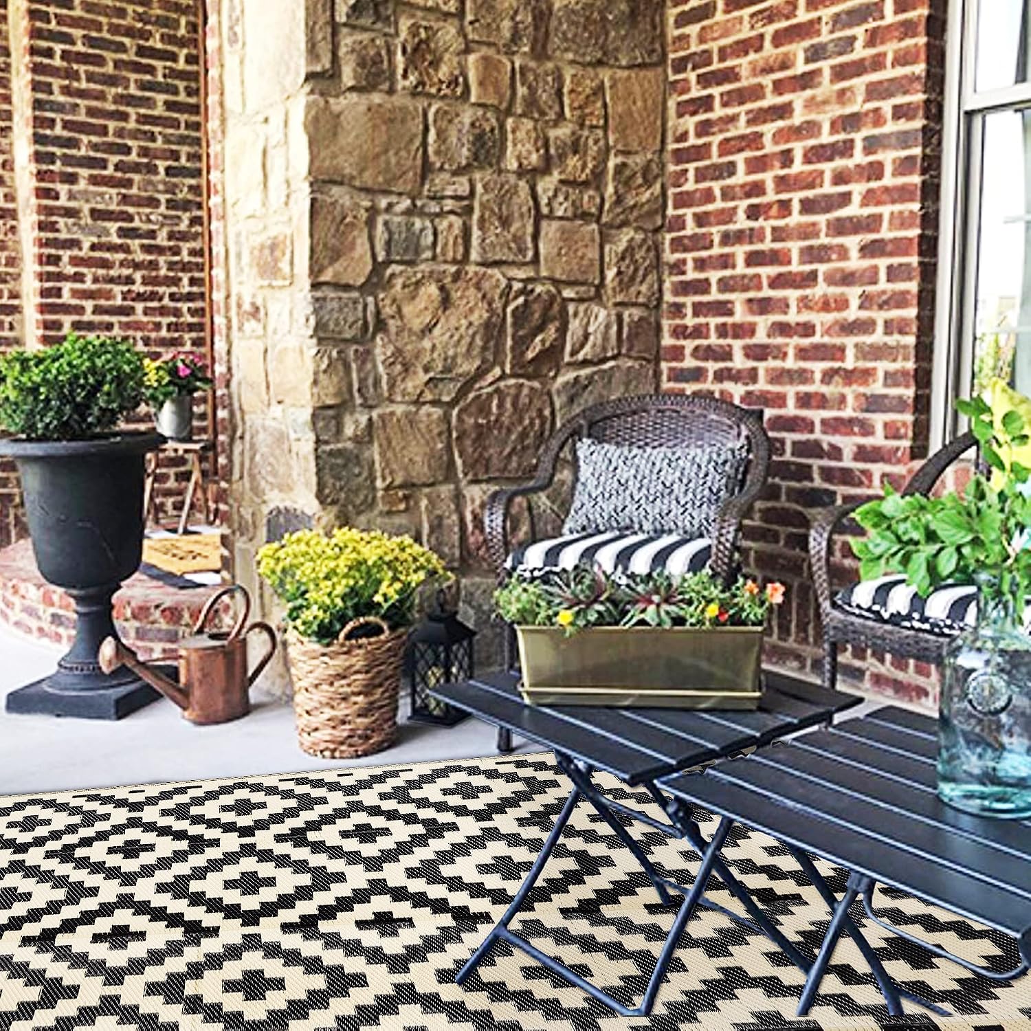 Black Beige Reversible Waterproof Outdoor Rug
