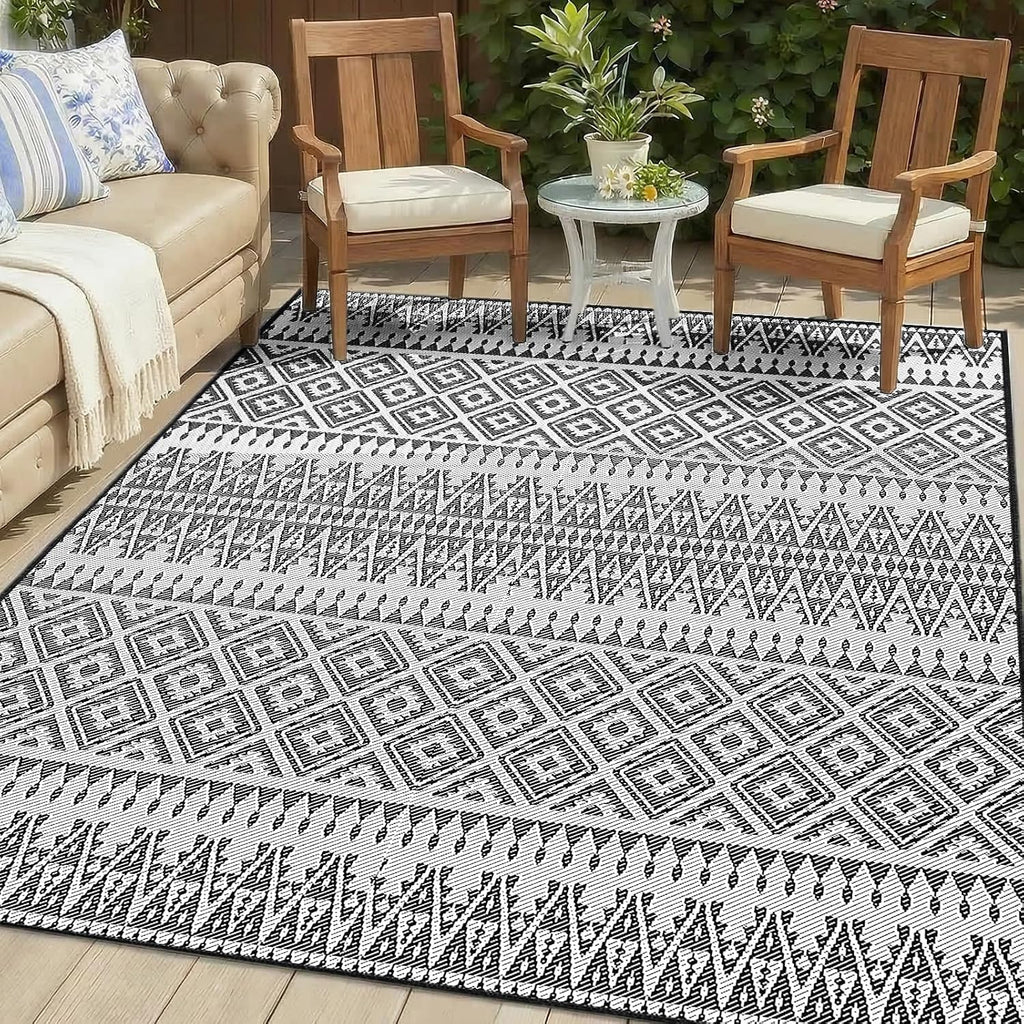 Black White Waterproof Reversible Outdoor Rug