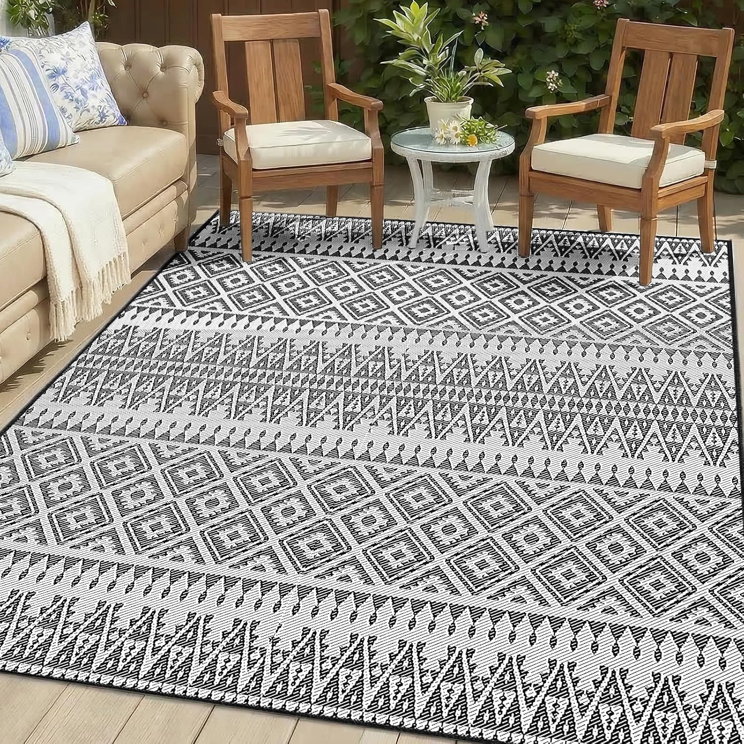 Black White Waterproof Reversible Outdoor Rug