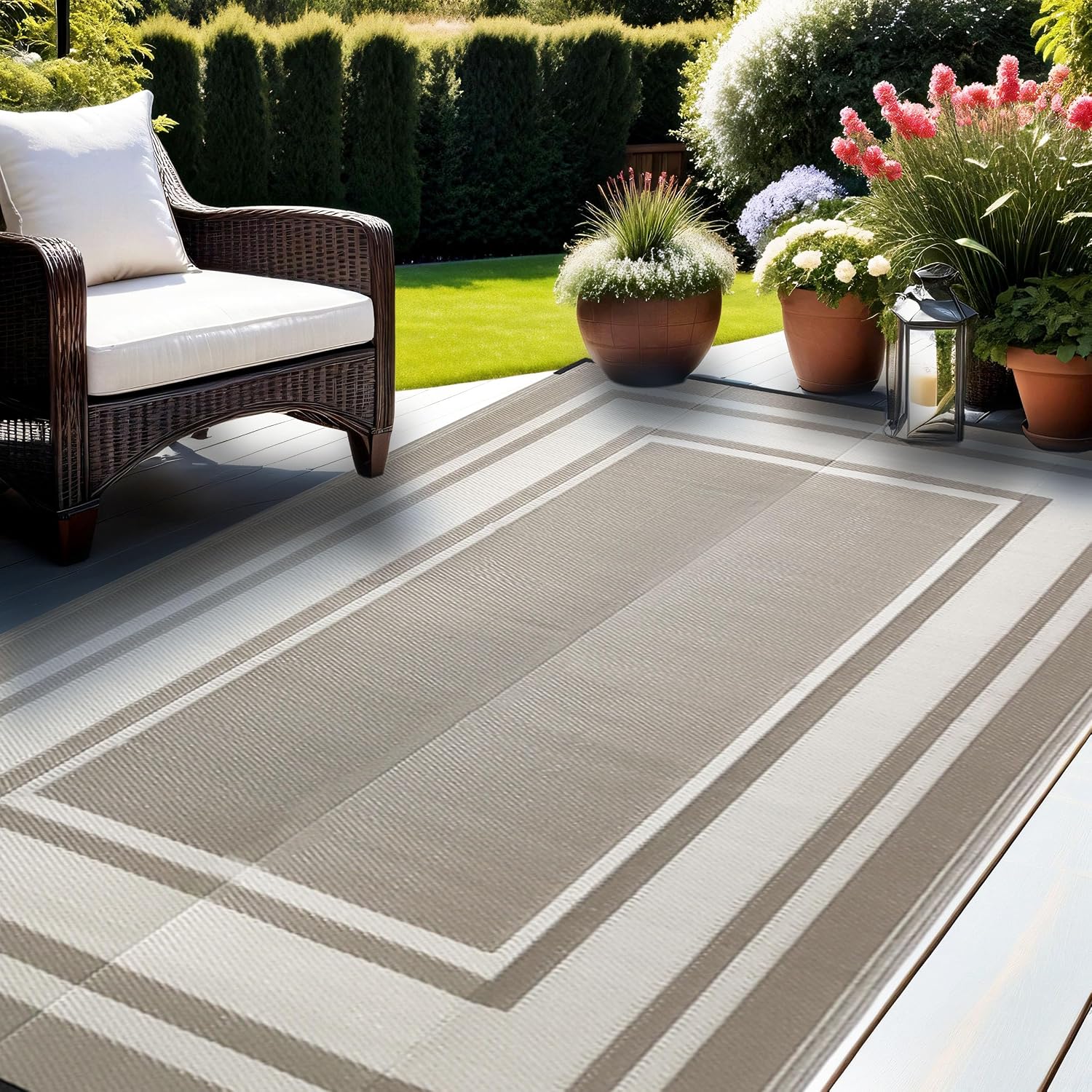 Light Coffee Reversible Waterproof Outdoor Rug