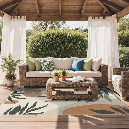 Beige Olive Botanical Washable Outdoor Rug