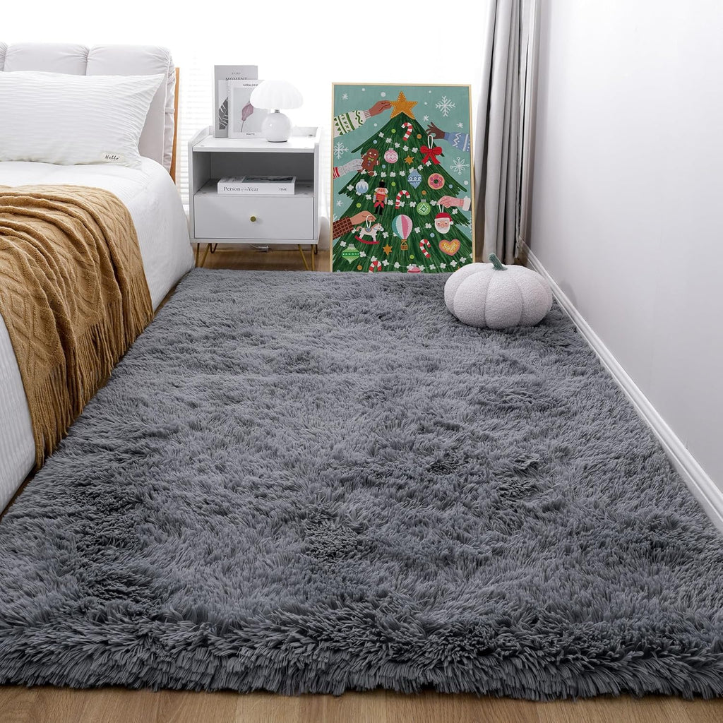 Grey Fluffy Shag Area Rug 5x8