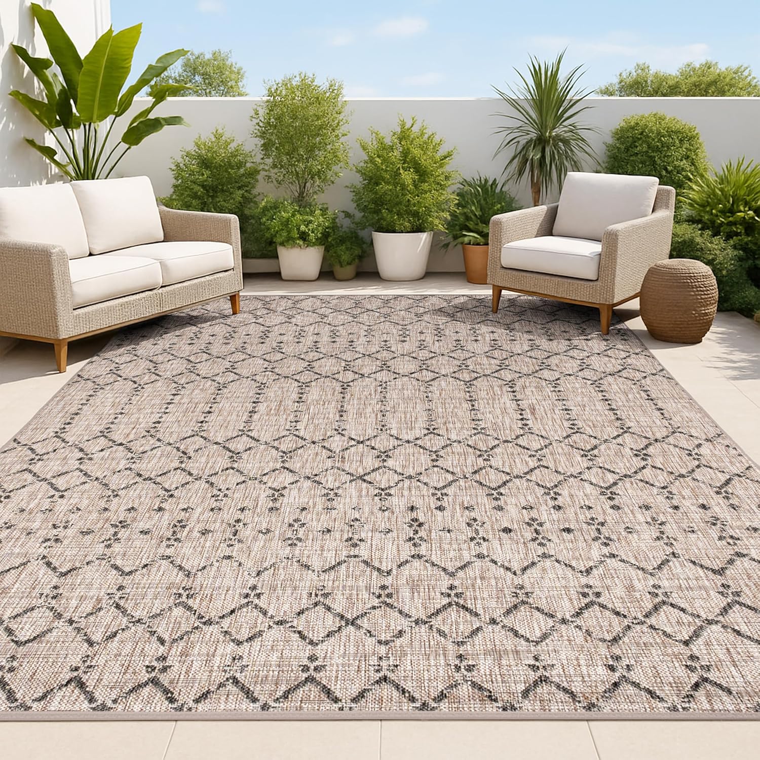 Natural Black Moroccan Geometric Indoor Outdoor Rug