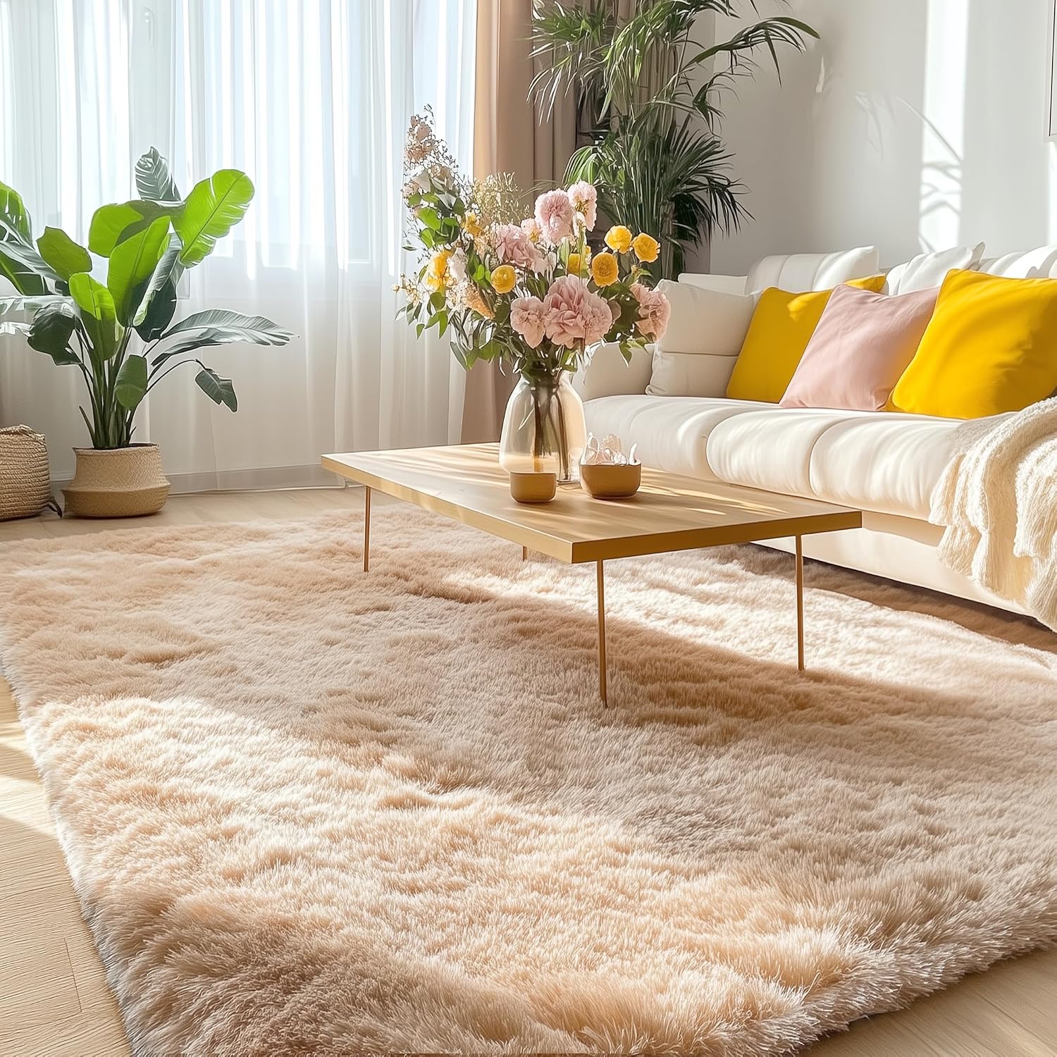 Beige Fluffy Shag Area Rug 5x7