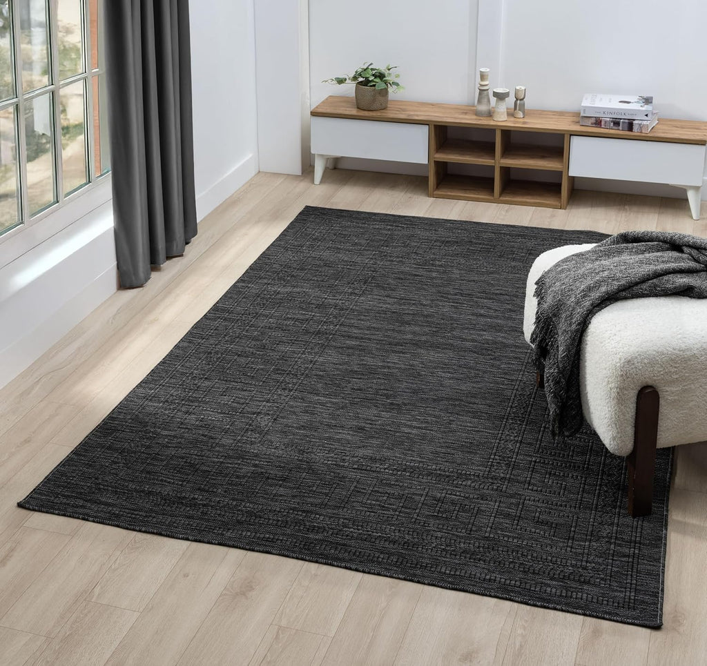 Charcoal Modern Bordered Indoor Outdoor Rug