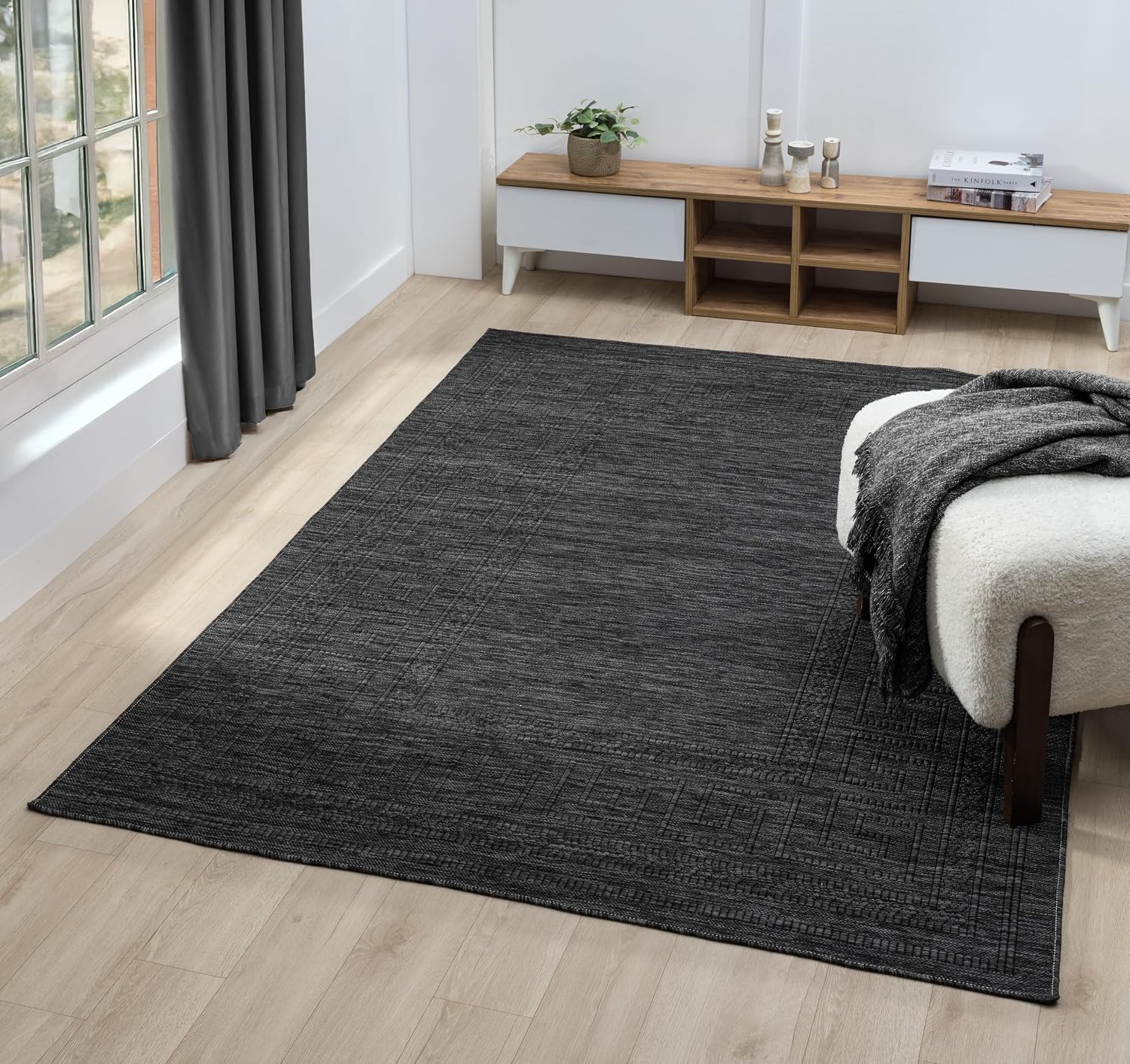 Charcoal Modern Bordered Indoor Outdoor Rug