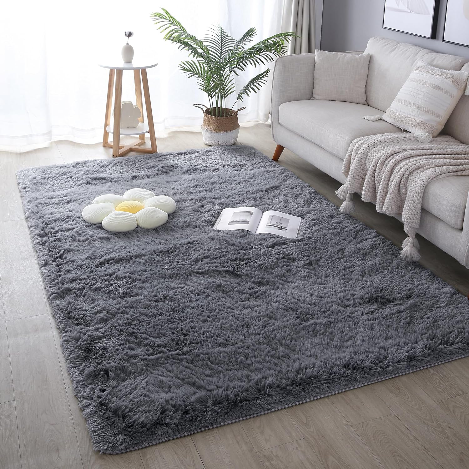 Grey Fluffy Shag Area Rug 5x8
