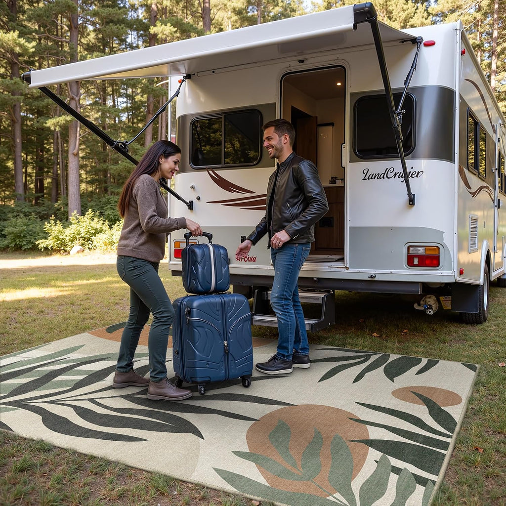 Beige Olive Botanical Washable Outdoor Rug