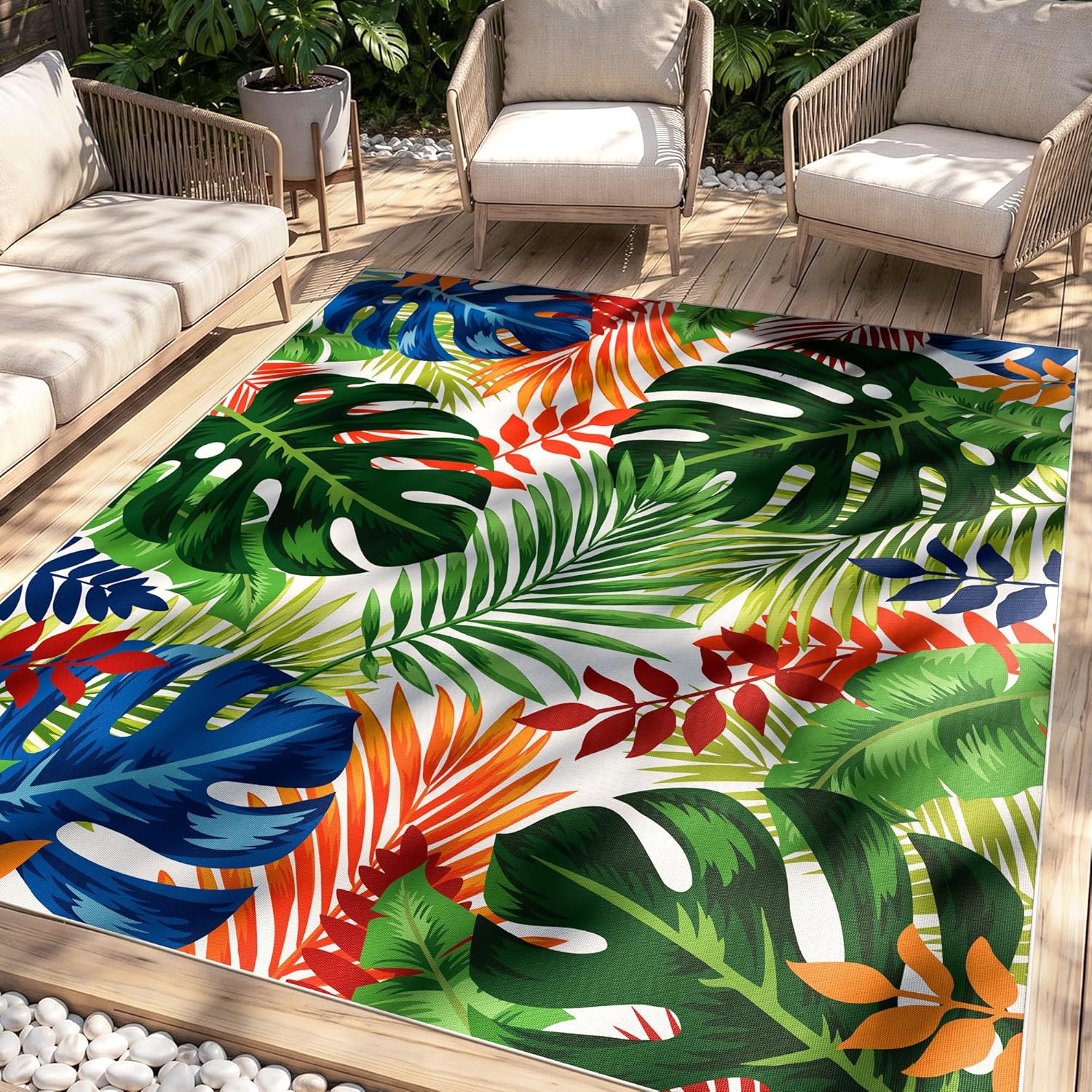 Colorful Monstera Tropical Washable Outdoor Rug