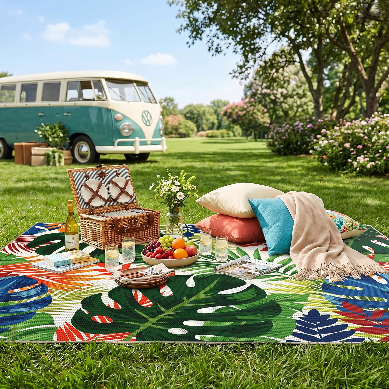 Colorful Monstera Tropical Washable Outdoor Rug