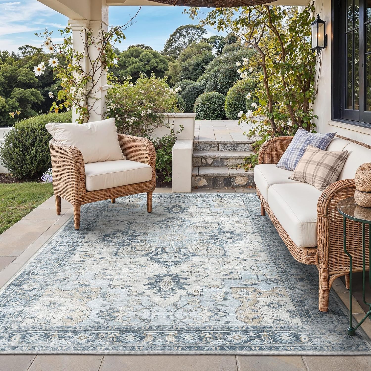 Blue Boho Waterproof Indoor Outdoor Rug