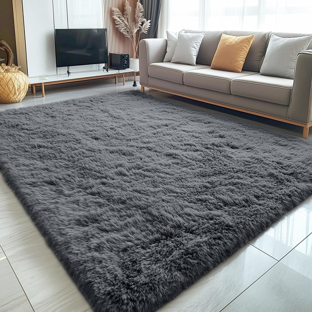 Grey Fluffy Shag Area Rug 5x8