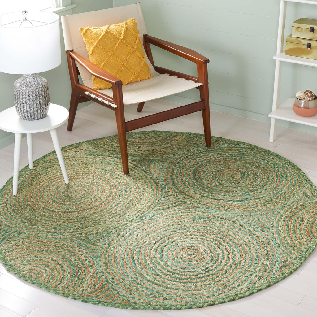 Green Natural Boho Braided Round Jute Rug