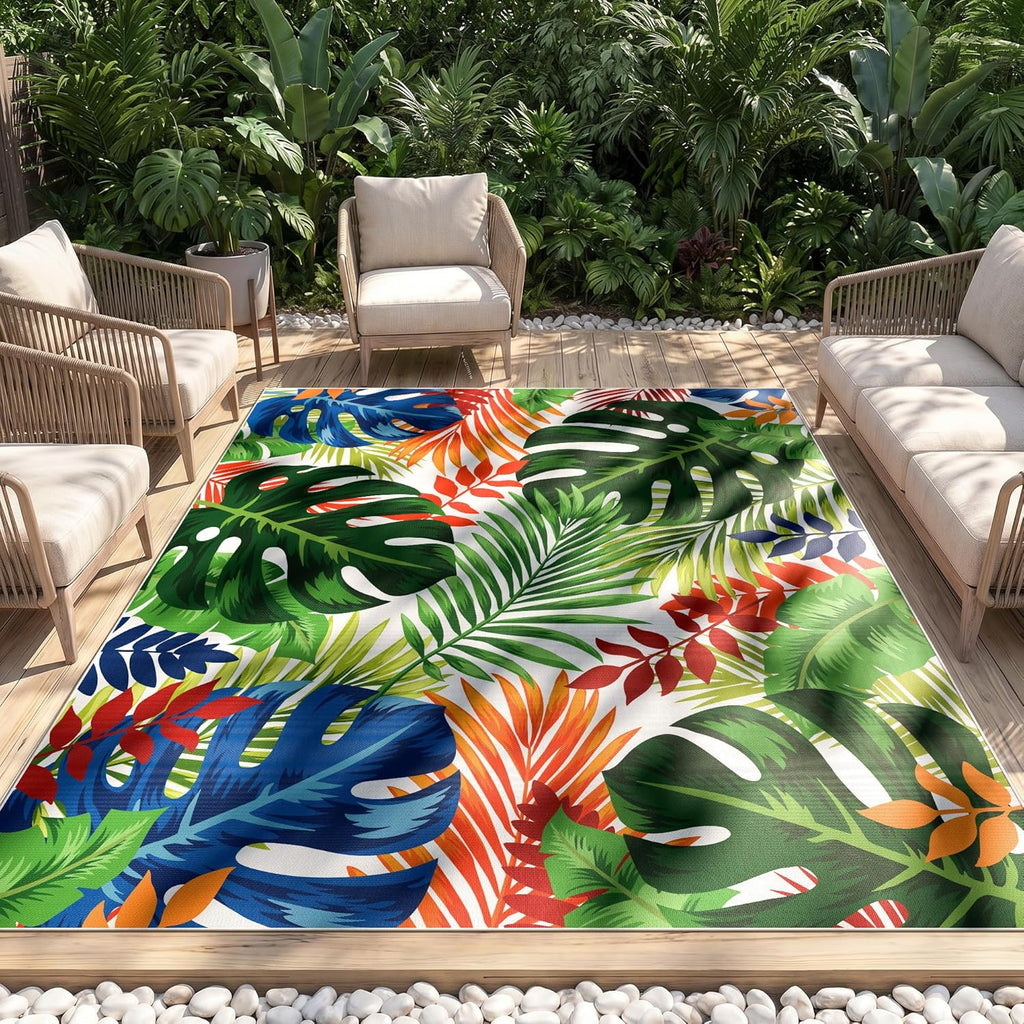 Colorful Monstera Tropical Washable Outdoor Rug