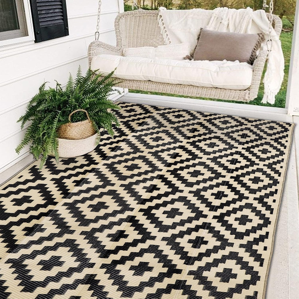 Black Beige Reversible Waterproof Outdoor Rug