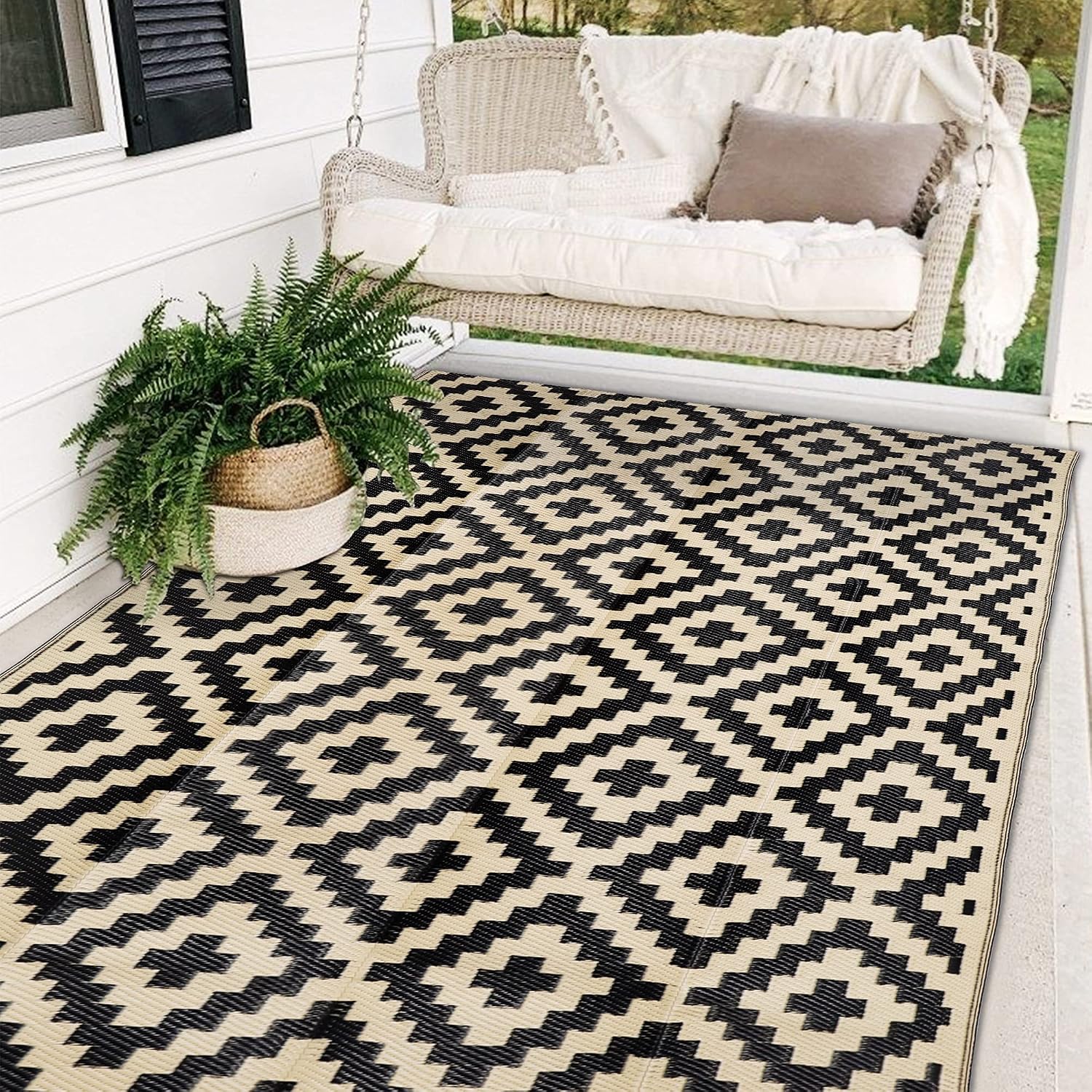Black Beige Reversible Waterproof Outdoor Rug