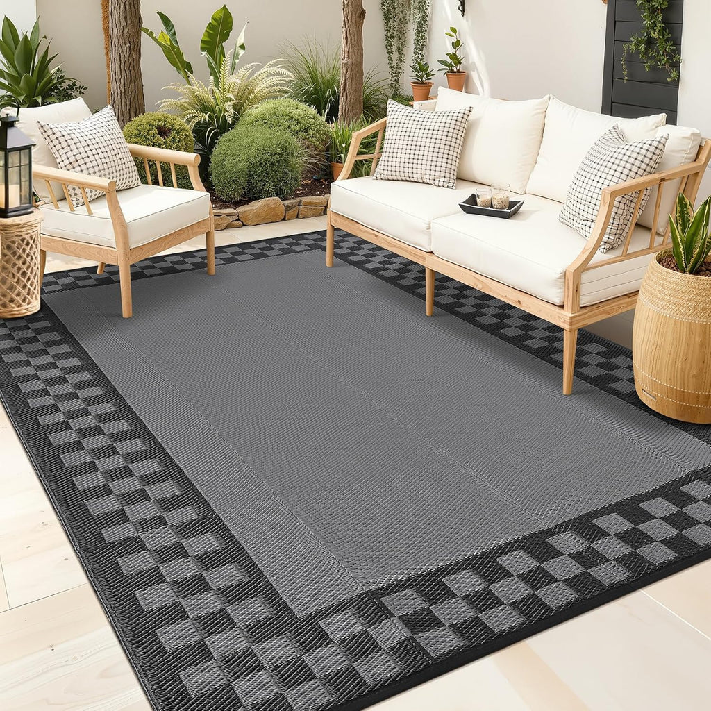 Grey Checkered Waterproof Reversible Outdoor Rug