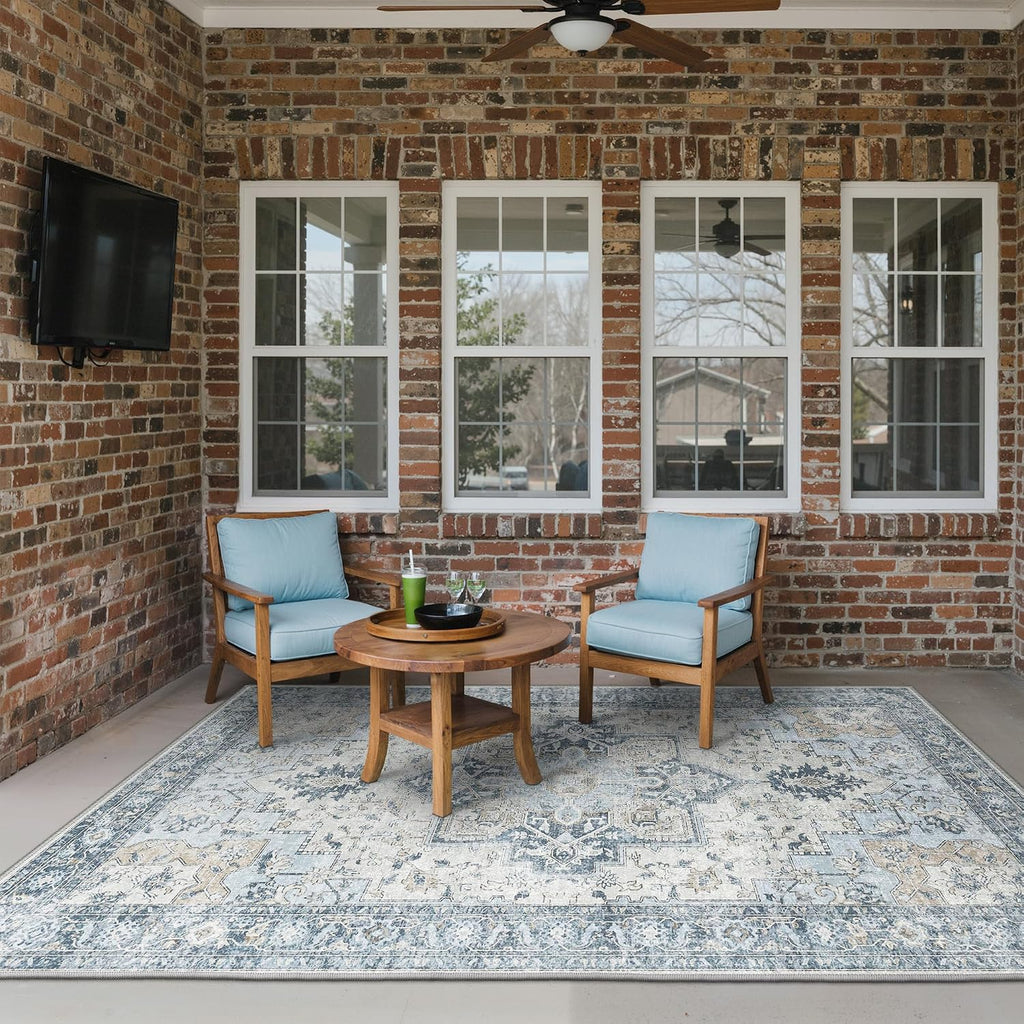 Blue Boho Waterproof Indoor Outdoor Rug