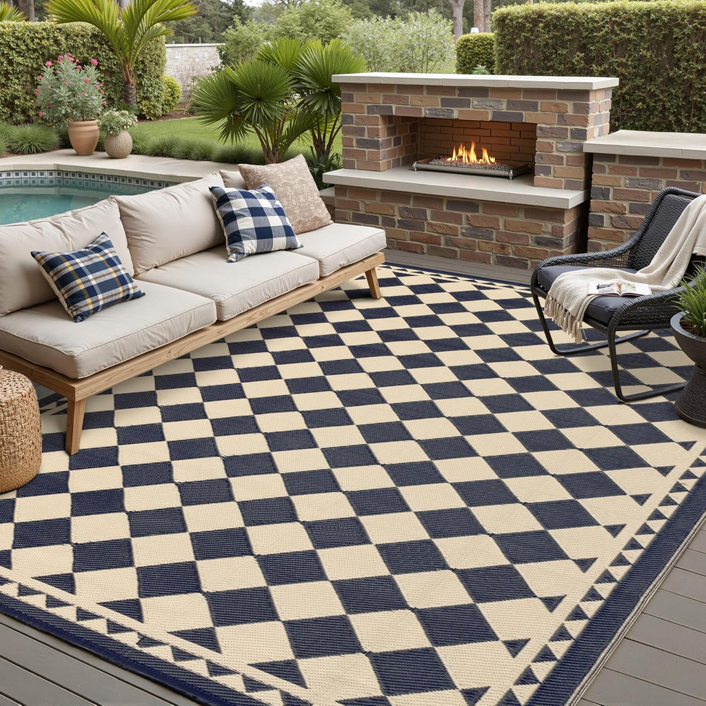 Black Beige Checkered Reversible Outdoor Rug